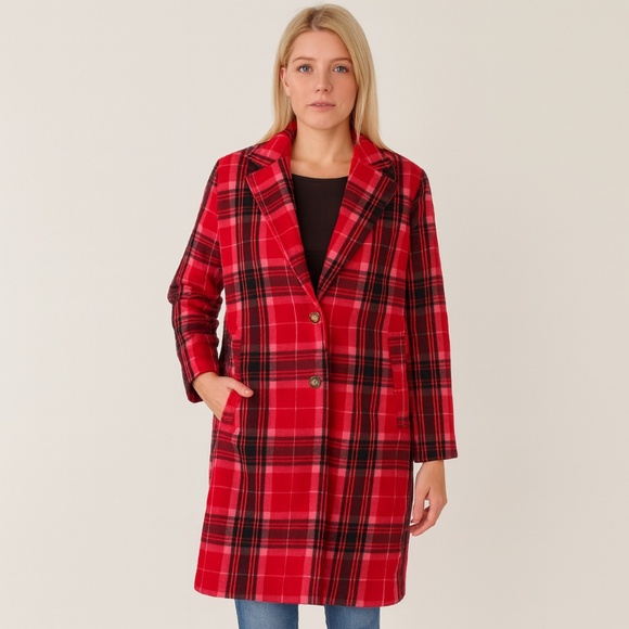 Old Navy Red Black Pink Plaid Coat – Women’s Size Small - Picture 1 of 4